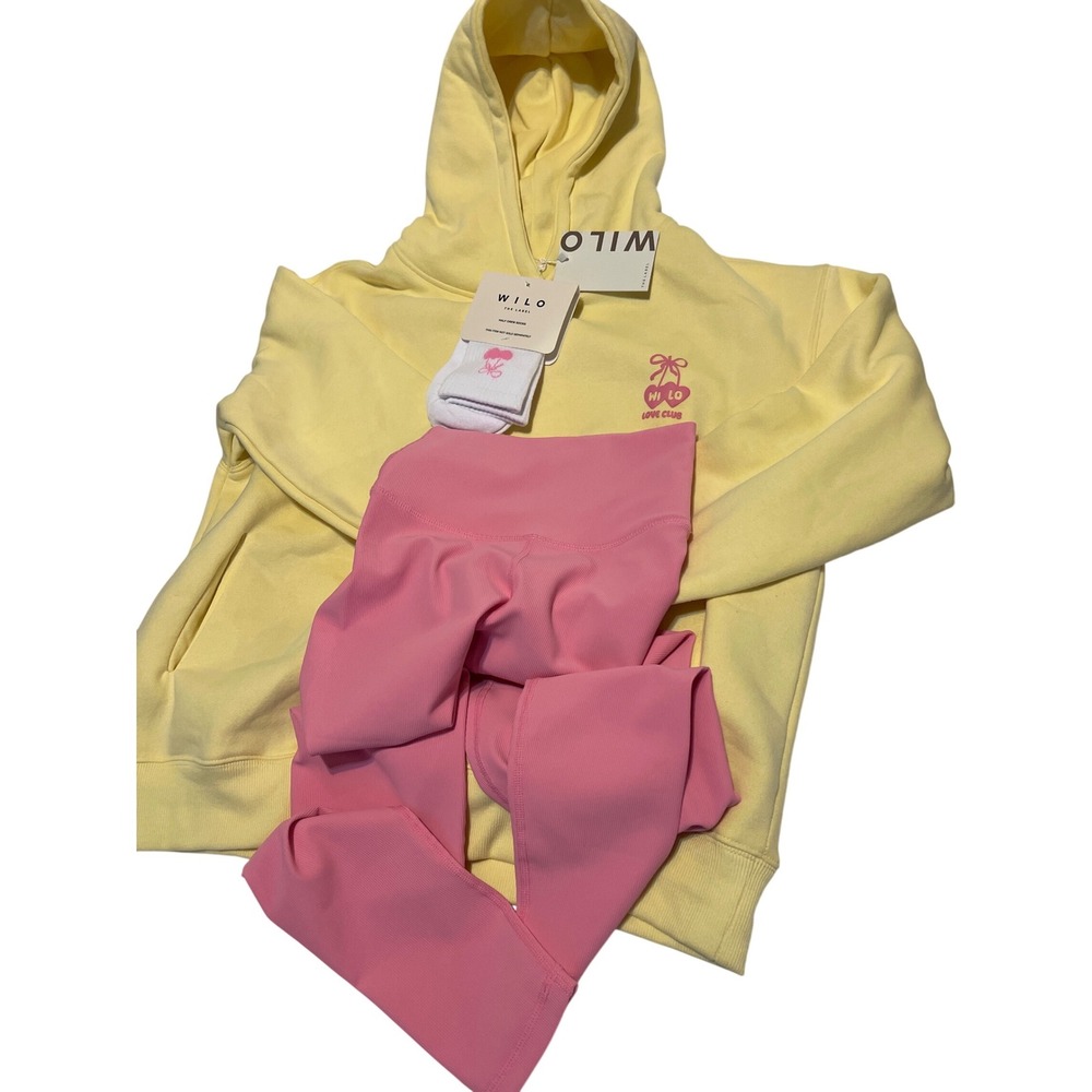 Wilo The Label Womens Yellow Hoodie Pink Ribbed Leggings Socks Set XS New